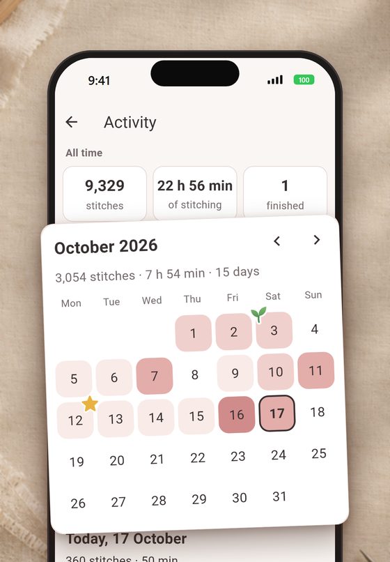 Activity on iPhone: a calendar of stitching days with stitches, time and the daily goal.