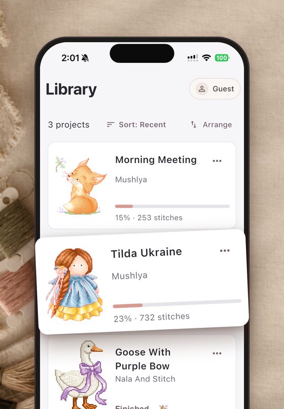 The Ruta library on iPhone with project covers, designer names and progress.