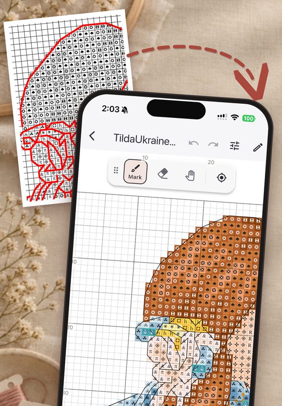 A black-and-white PDF page beside the same chart in colour on an iPhone.