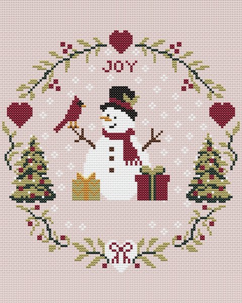 Christmas Snowman by TheCraftedKeeps: a stitched snowman with a red scarf and a cardinal, inside a wreath with hearts and Christmas trees.
