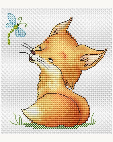Morning Meeting by Mushlya: a stitched fox looking at a dragonfly.