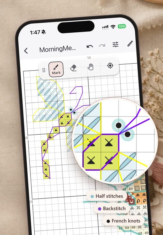 A chart on iPhone with a magnifier showing half stitches, backstitch and French knots.