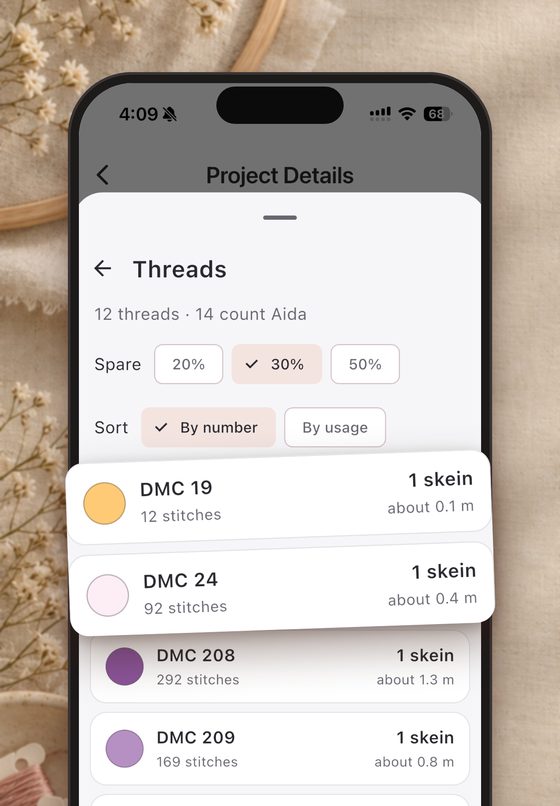 Thread list on iPhone with stitches, skeins and length for each thread, and a choice of spare.
